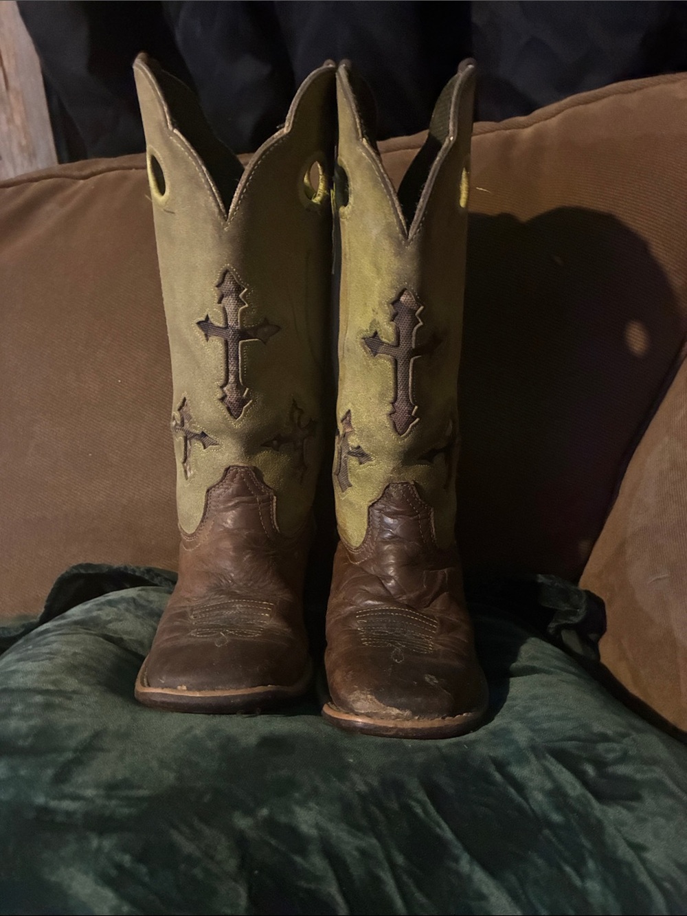 Ariat Olive Suede Western Boots with Brown Cross Accents